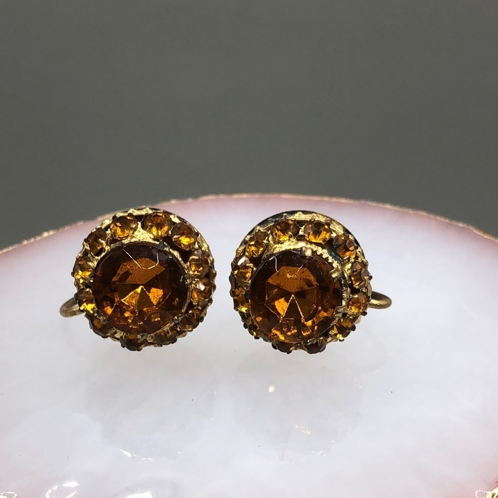 Antique Czechoslovakia Champagne Crystal Glass Screw Back Sparkling Earrings